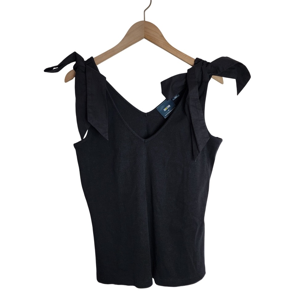 Maeve Anthropologie Tank Top Women L Black Rafaela BowTie Shoulder Ribbed V-Neck